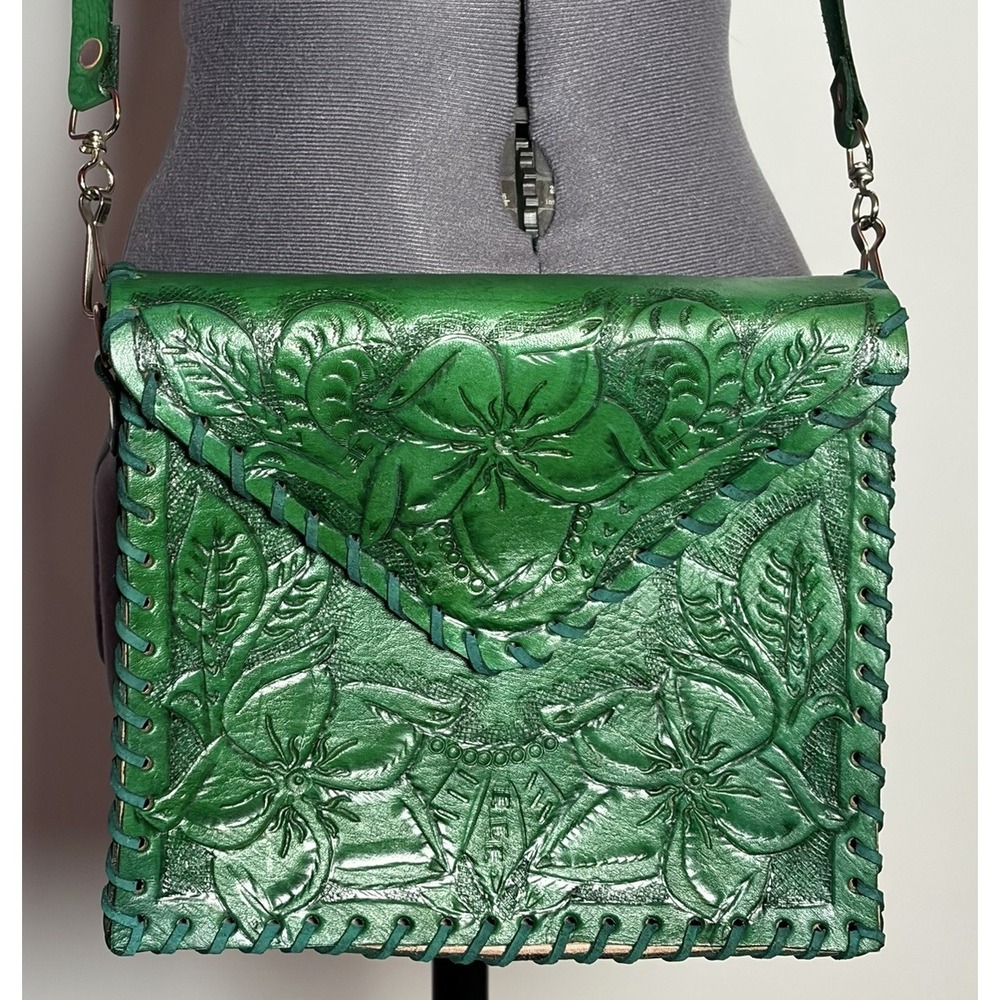 Mexican Style Tooled Leather‎ Floral Crossbody Bag Green Western Boho Vtg Style